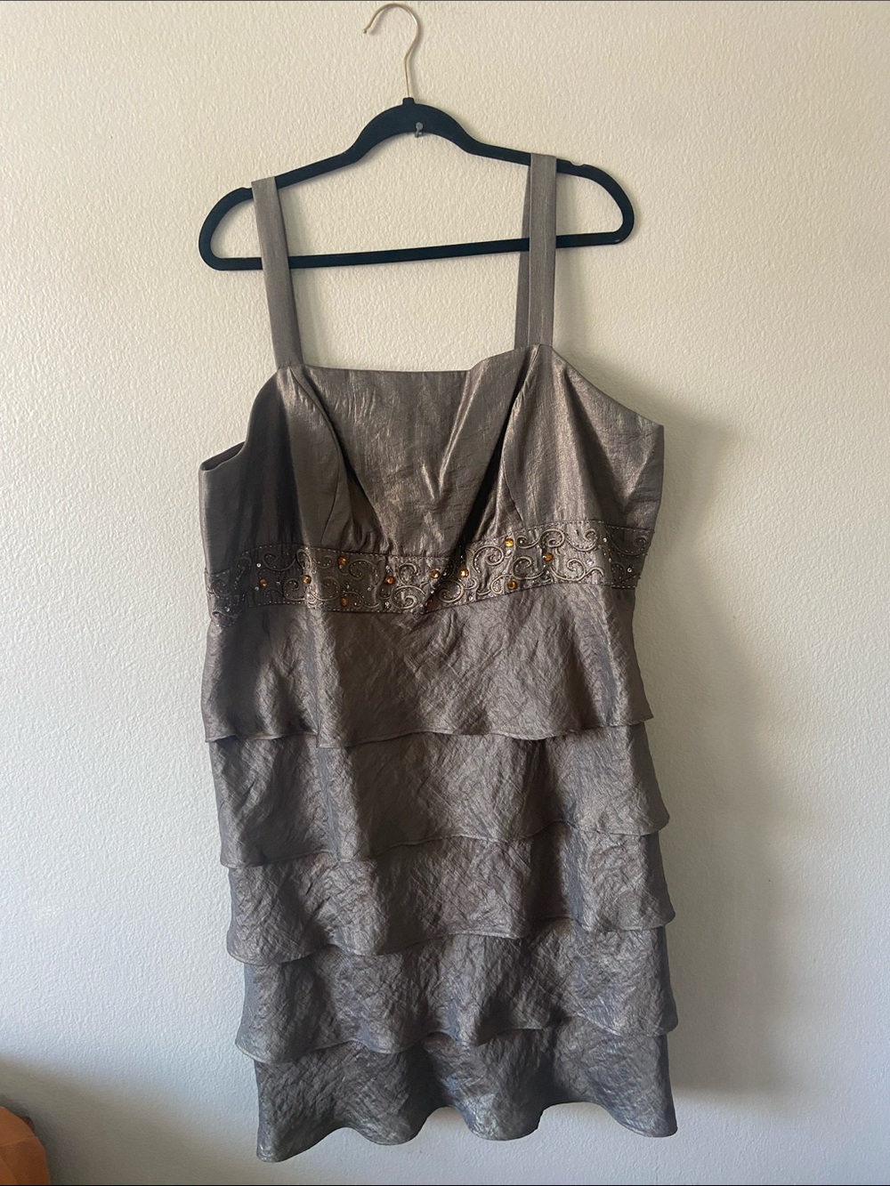R&M Richards Metallic Taupe Tiered Cocktail Dress with Beaded Waist
